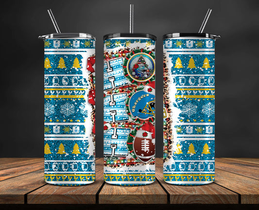 Los Angeles Chargers Christmas Ho Ho Ho Tumbler Wrap,  NFL Patterns Christmas Png 27