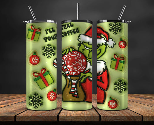 Christmas 20oz Tumbler Wrap PNG, Christmas 3D Inflated Puffy Tumbler Wrap Png, Grinchmas 20oz Png 03