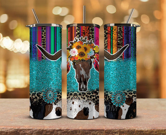 Western Tumbler Design Cowgirl Bull Cow Skull,Cowhide Tumbler Png,Cowhide Skull Western Tumbler Wrap 12