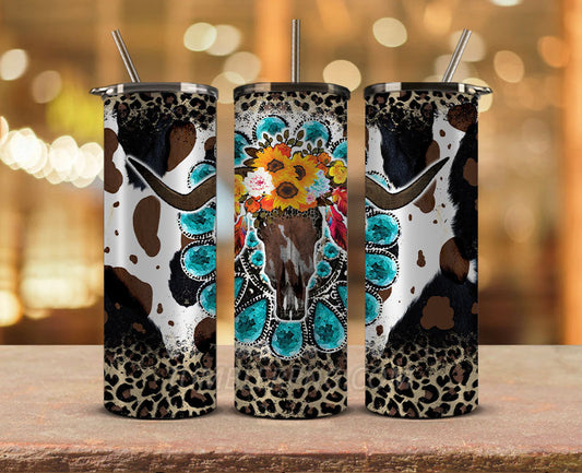 Western Tumbler Design Cowgirl Bull Cow Skull,Cowhide Tumbler Png,Cowhide Skull Western Tumbler Wrap 15