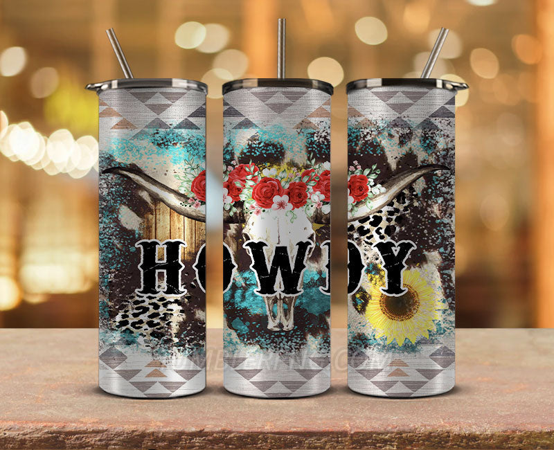 Western Tumbler Design Cowgirl Bull Cow Skull,Cowhide Tumbler Png,Cowhide Skull Western Tumbler Wrap 06