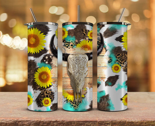 Western Tumbler Design Cowgirl Bull Cow Skull,Cowhide Tumbler Png,Cowhide Skull Western Tumbler Wrap 08